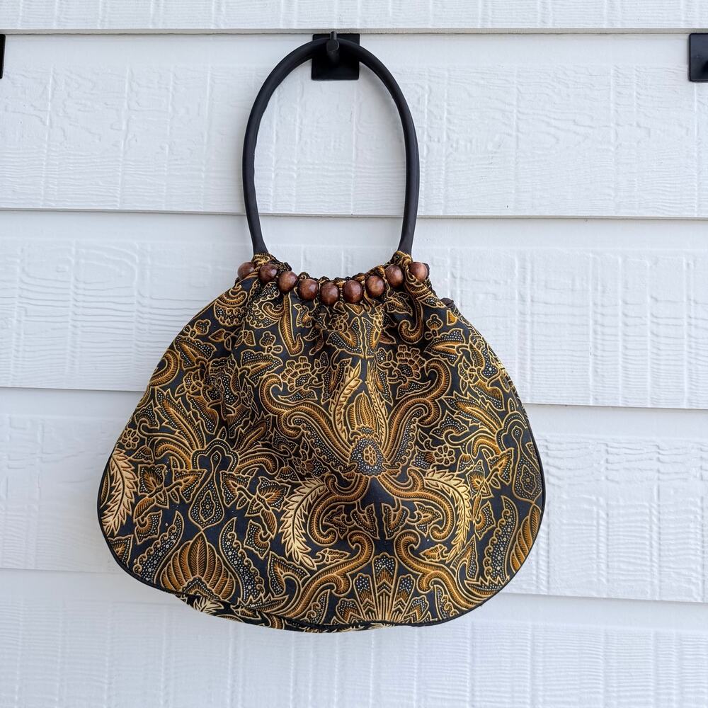 Beaded Ring Handle Handbag Brown Gold Paisley Print Satin Lined Boho